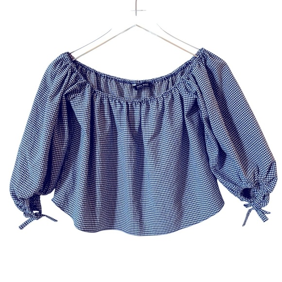 Zara | Women's Blue Gingham Off-Shoulder Crop Top Size Small - Picture 1 of 6